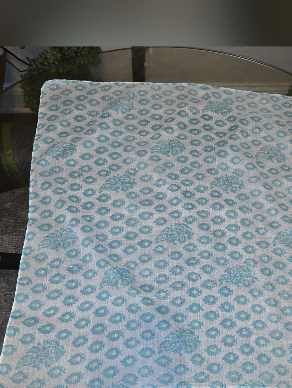 Vintage Hand Block Print Cotton Square Scarf Aqua Turquoise Paisley Floral Banda